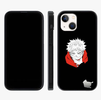 Crimson Chaos Smile Glass Case displayed upright for full design visibility and premium finish.