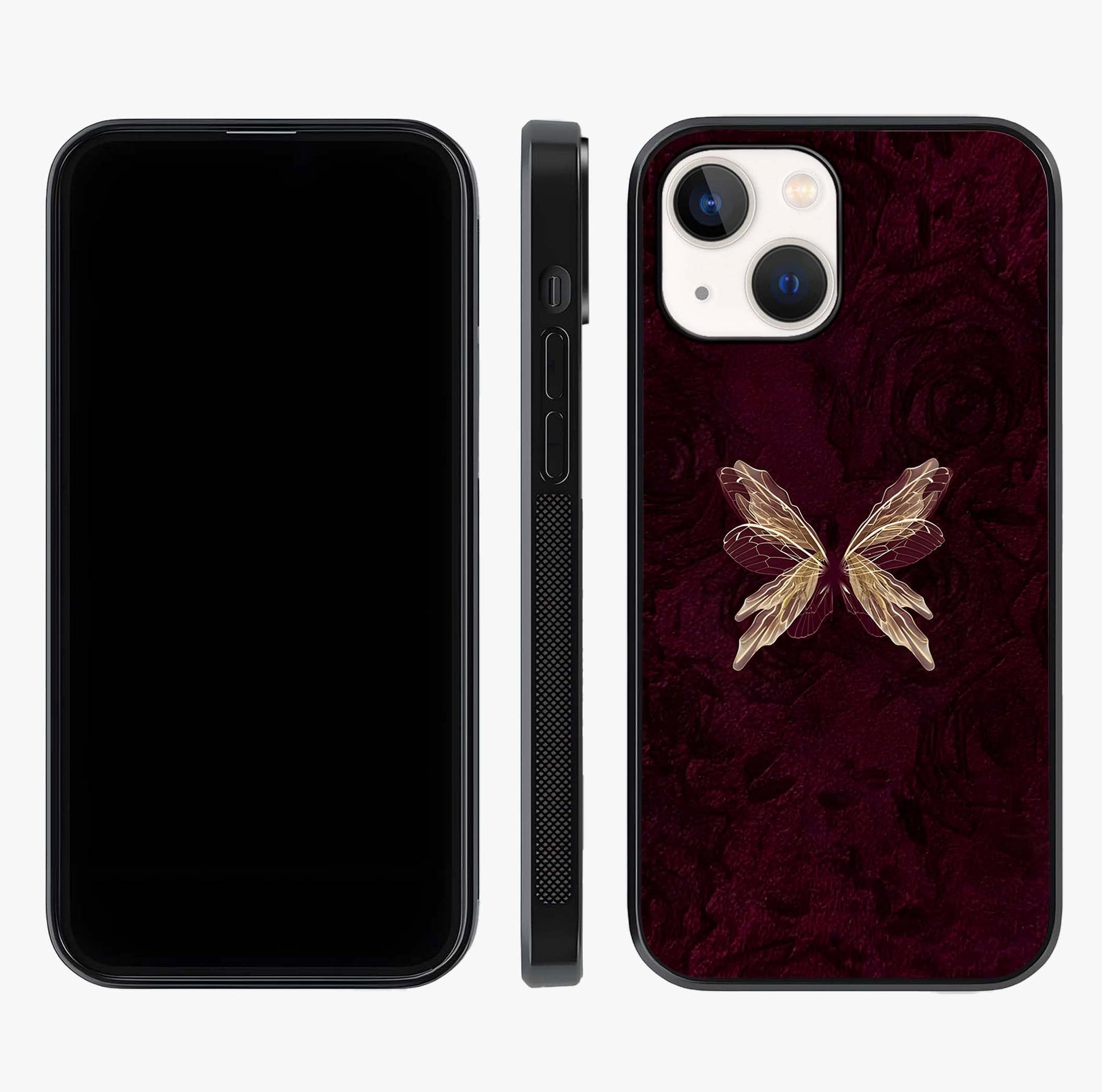 Crimson Fade Butterfly Glass Case displayed upright for full design visibility and premium finish.