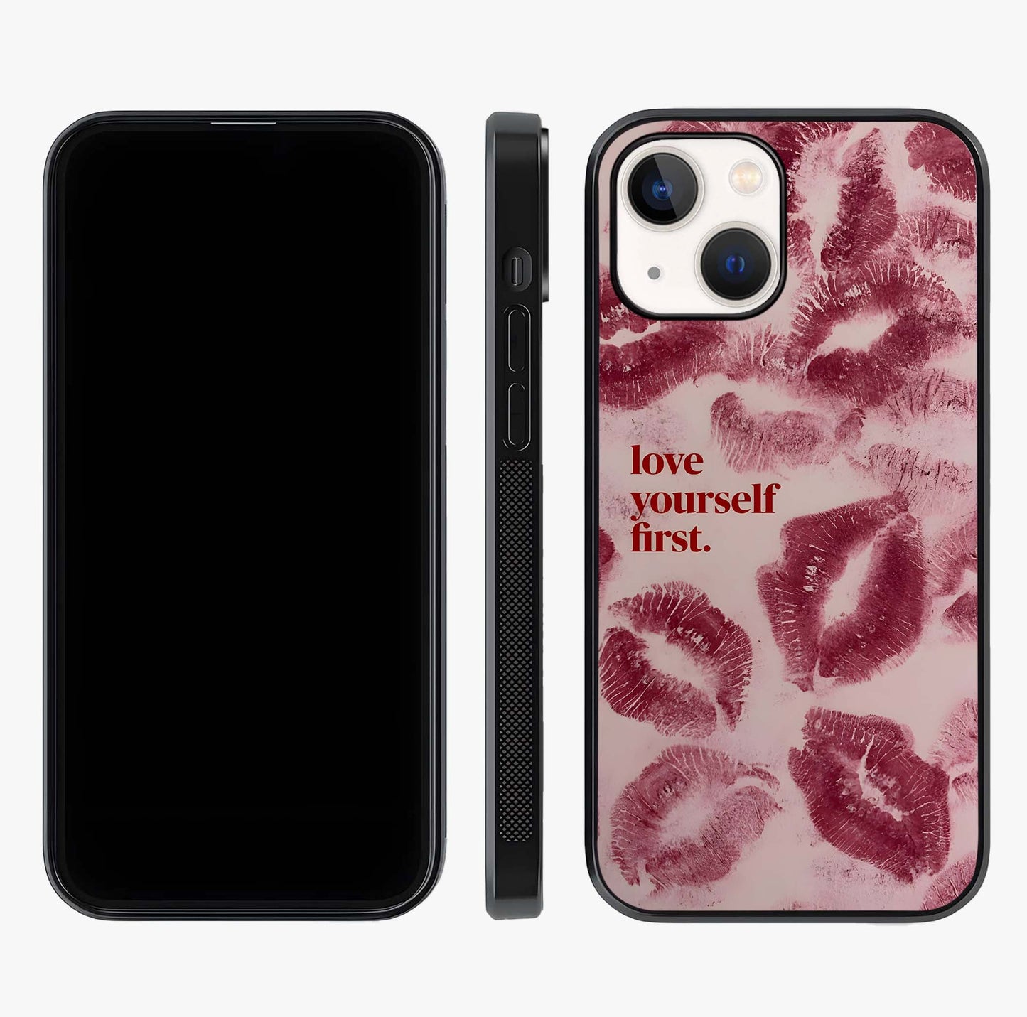 Crimson Kiss Love Glass Case displayed upright for full design visibility and premium finish.