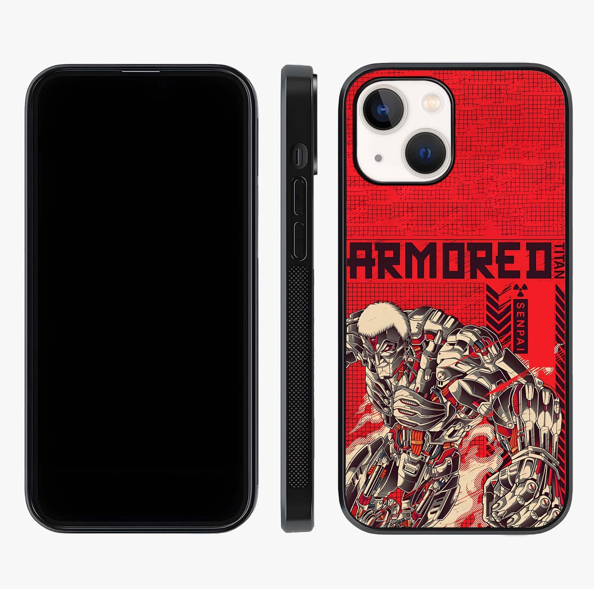 Crimson Mecha Titan Glass Case displayed upright for full design visibility and premium finish.