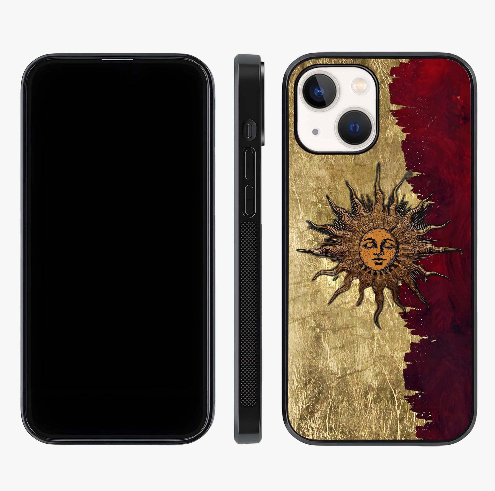 Crimson Sun Majesty Glass Case displayed upright for full design visibility and premium finish.