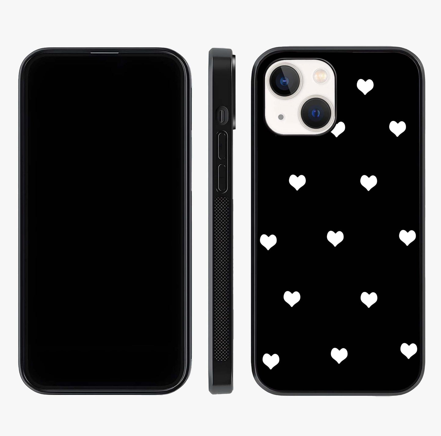 Cute And Simple White Hearts Glass Case displayed upright for full design visibility and premium finish.