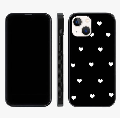 Cute And Simple White Hearts Glass Case displayed upright for full design visibility and premium finish.