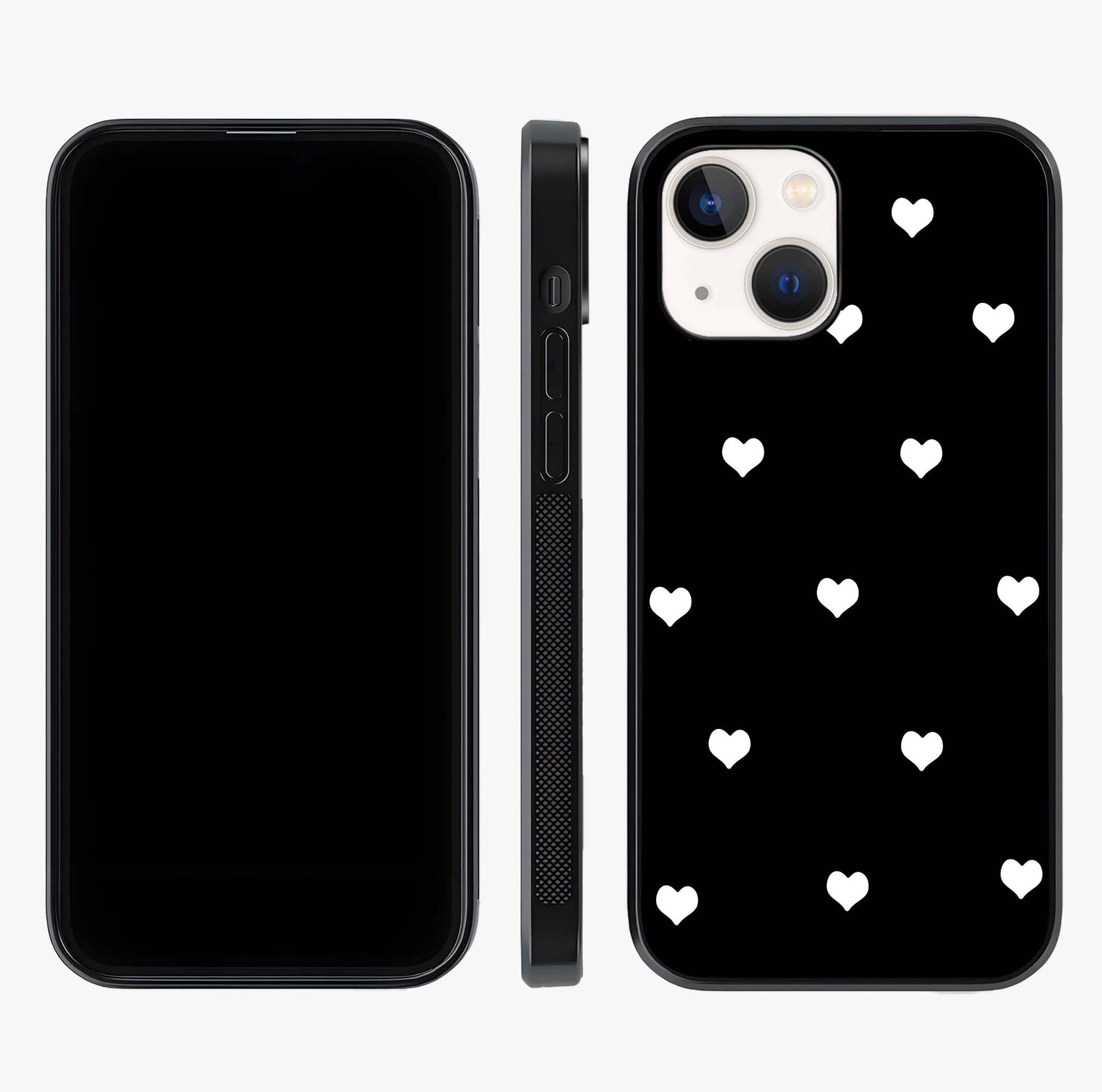 Cute And Simple White Hearts Glass Case displayed upright for full design visibility and premium finish.