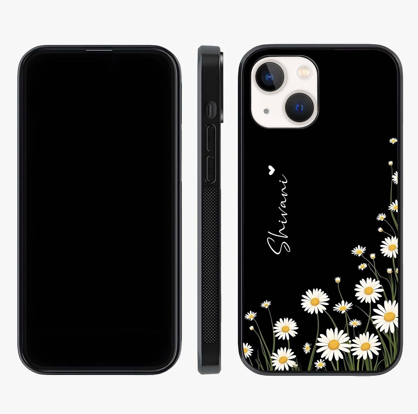 Daisy Cascade Custom Name Glass Case displayed upright for full design visibility and premium finish.