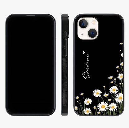 Daisy Cascade Custom Name Glass Case displayed upright for full design visibility and premium finish.