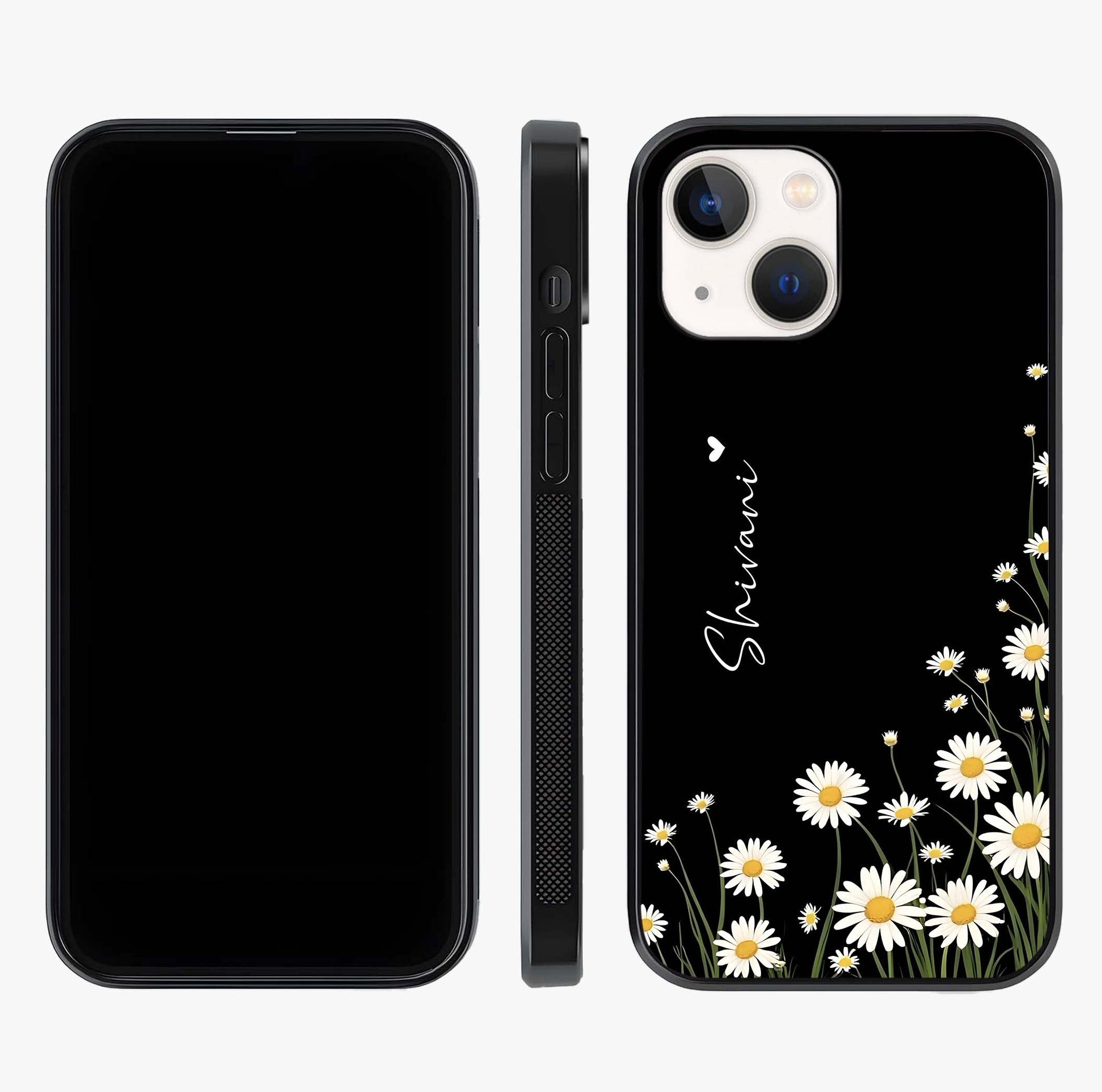 Daisy Cascade Custom Name Glass Case displayed upright for full design visibility and premium finish.