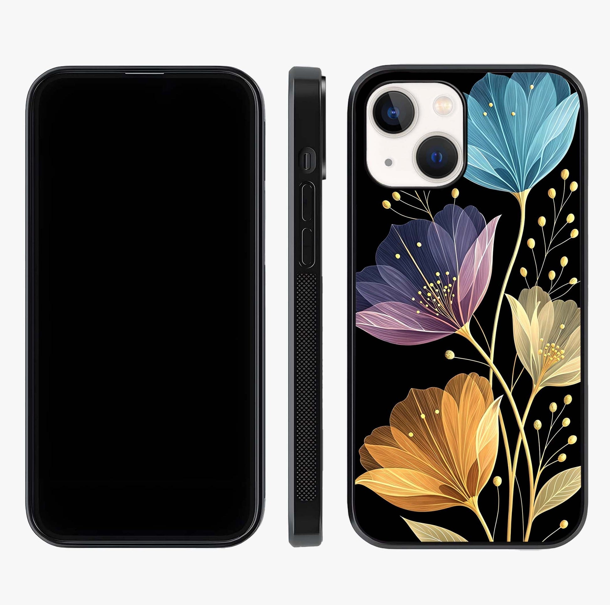 Delicate Multicolor Flowers Glass Case displayed upright for full design visibility and premium finish.