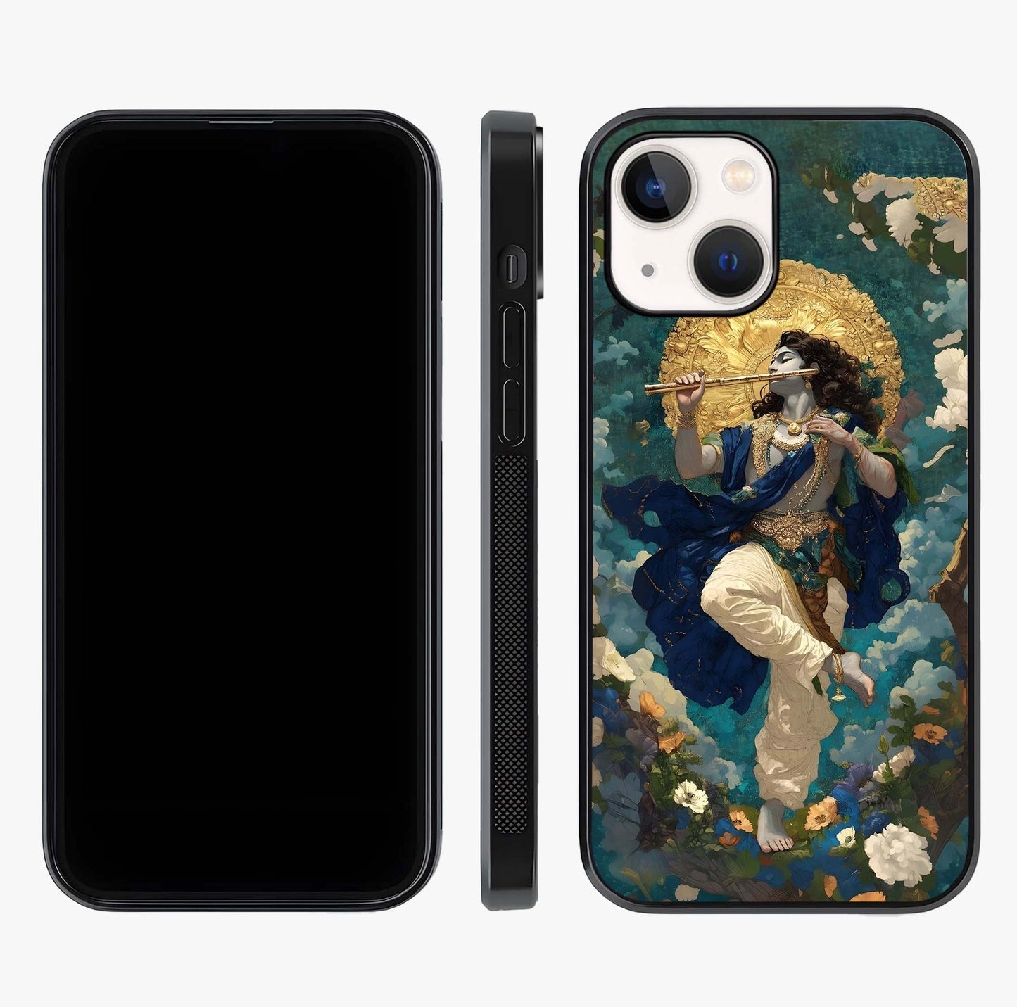 Divine Krishna Art Glass Case displayed upright for full design visibility and premium finish.