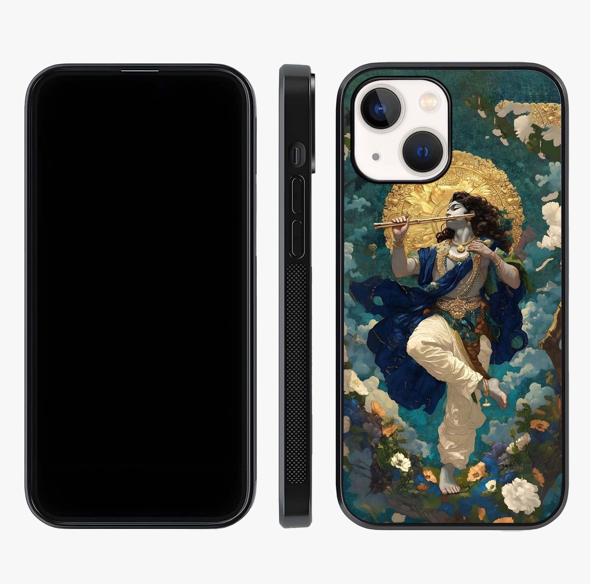 Divine Krishna Art Glass Case displayed upright for full design visibility and premium finish.