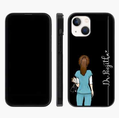 Doctor Pattern Custom Name Glass Case displayed upright for full design visibility and premium finish.