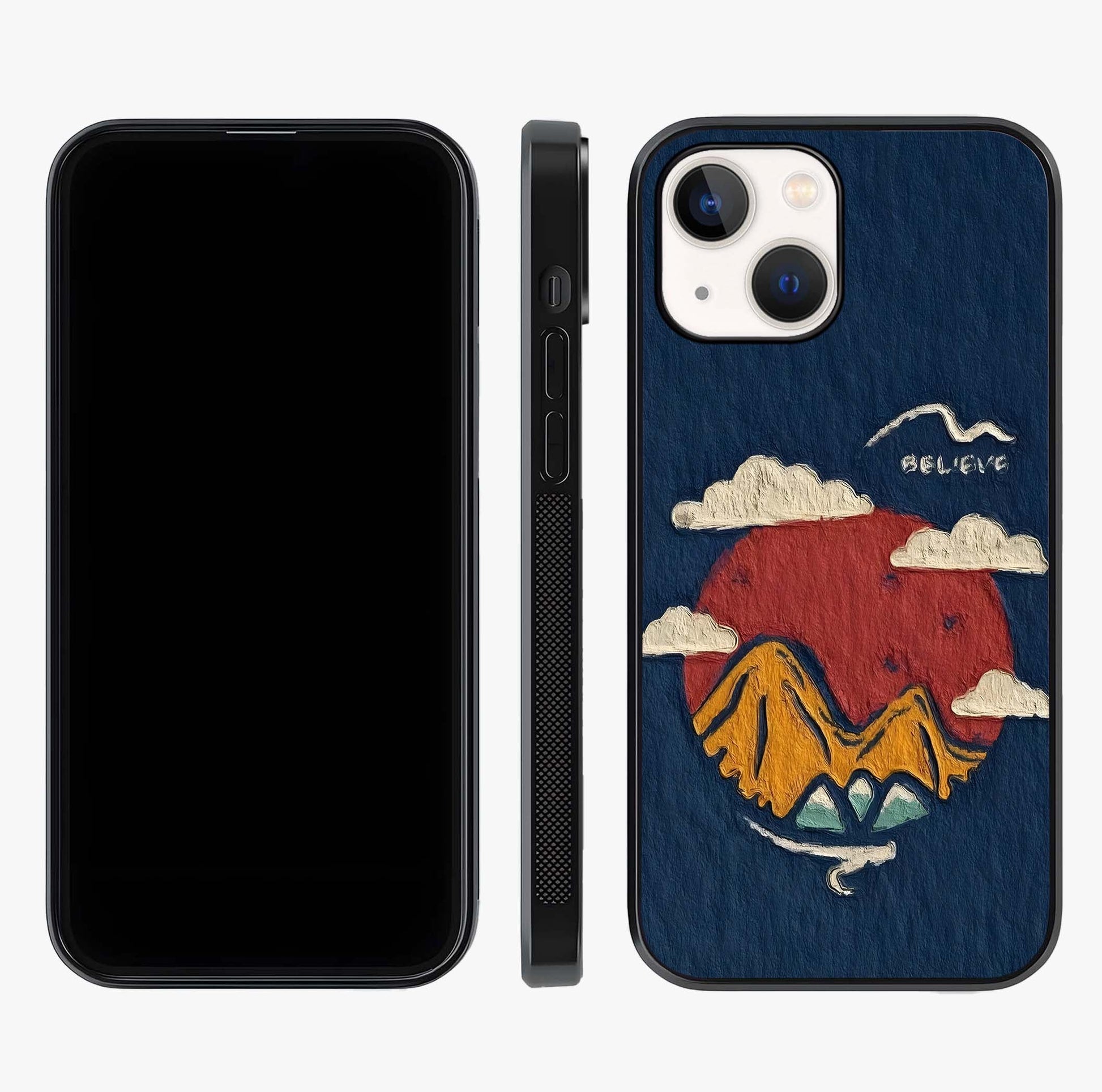 Dream Beyond Mountains Glass Case displayed upright for full design visibility and premium finish.