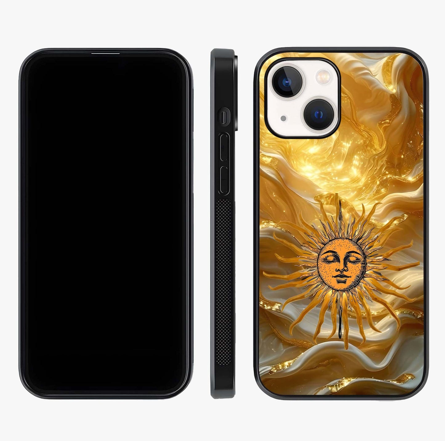 Eternal Golden Glow Glass Case displayed upright for full design visibility and premium finish.