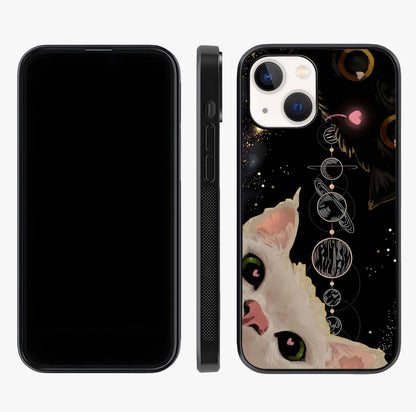 Galactic Cat Glass Case displayed upright for full design visibility and premium finish.