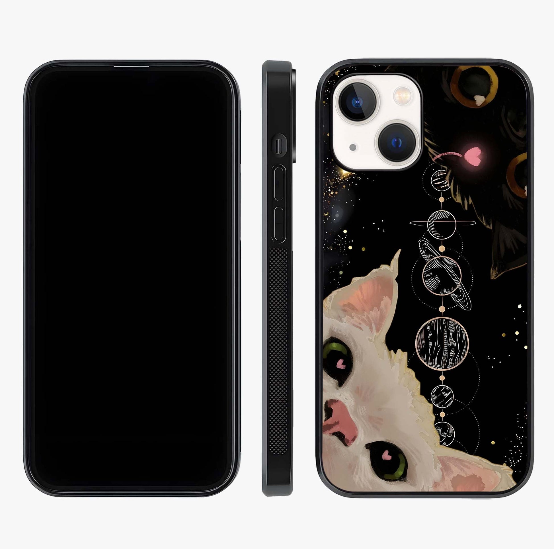 Galactic Cat Glass Case displayed upright for full design visibility and premium finish.