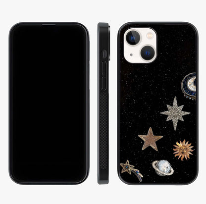 Galactic Charm Glow Glass Case displayed upright for full design visibility and premium finish.