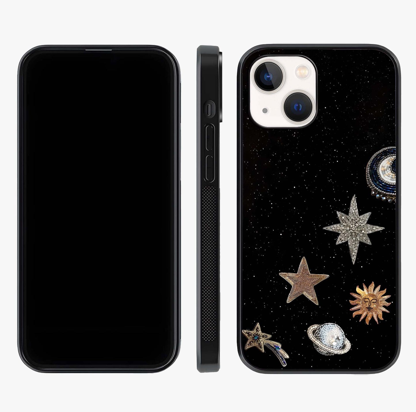 Galactic Charm Glow Glass Case displayed upright for full design visibility and premium finish.