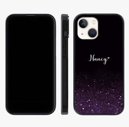 Glittery Purple Bokeh Custom Name Glass Case displayed upright for full design visibility and premium finish.