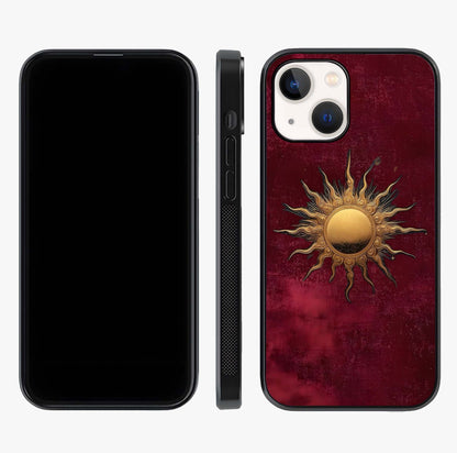 Gold Sun Blush Glass Case displayed upright for full design visibility and premium finish.