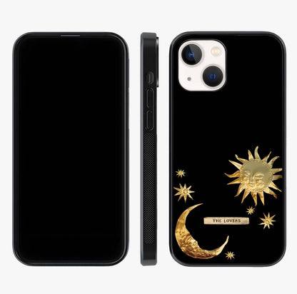 Golden Celestial Charm Glass Case displayed upright for full design visibility and premium finish.