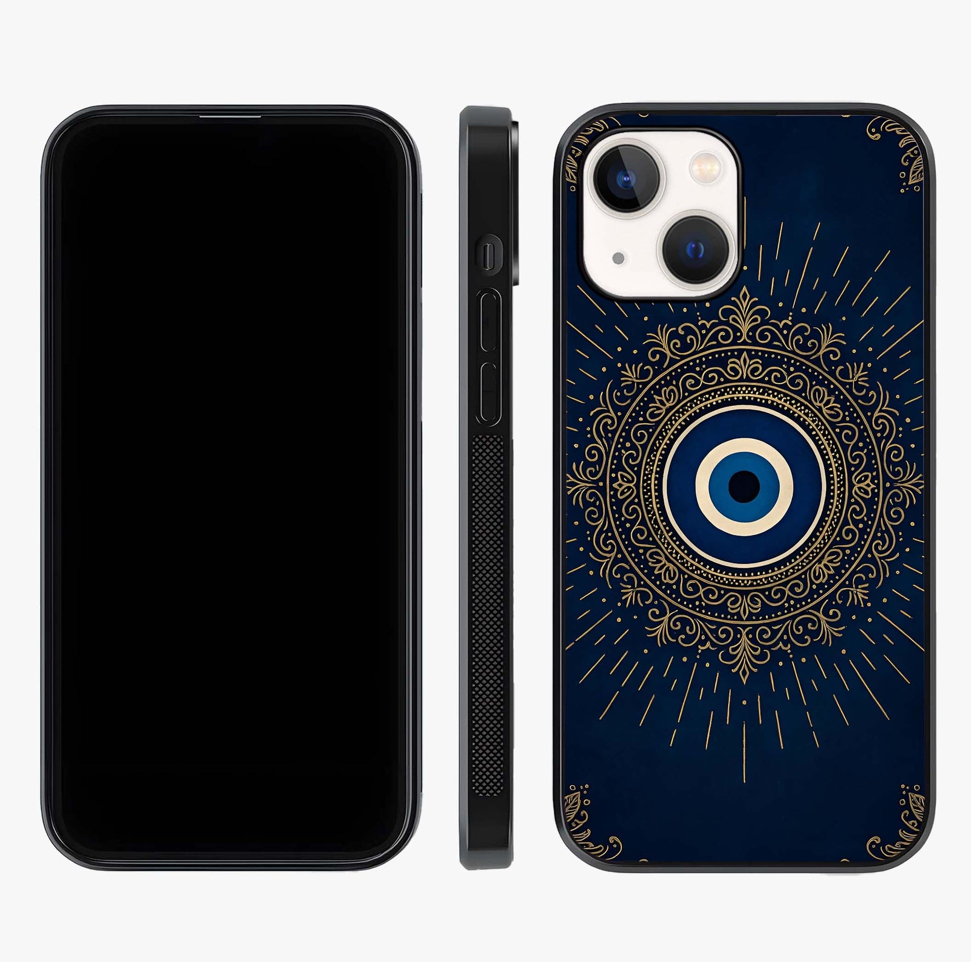 Golden Evil Eye Mandala Glass Case displayed upright for full design visibility and premium finish.