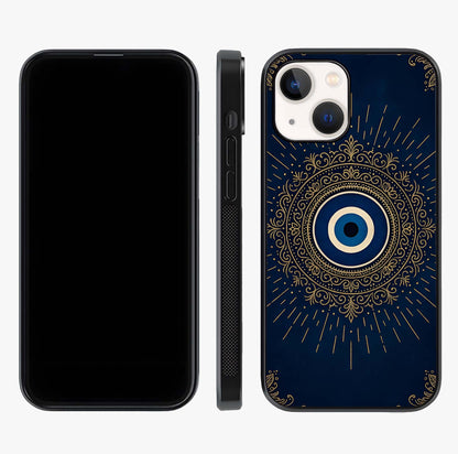 Golden Evil Eye Mandala Glass Case displayed upright for full design visibility and premium finish.