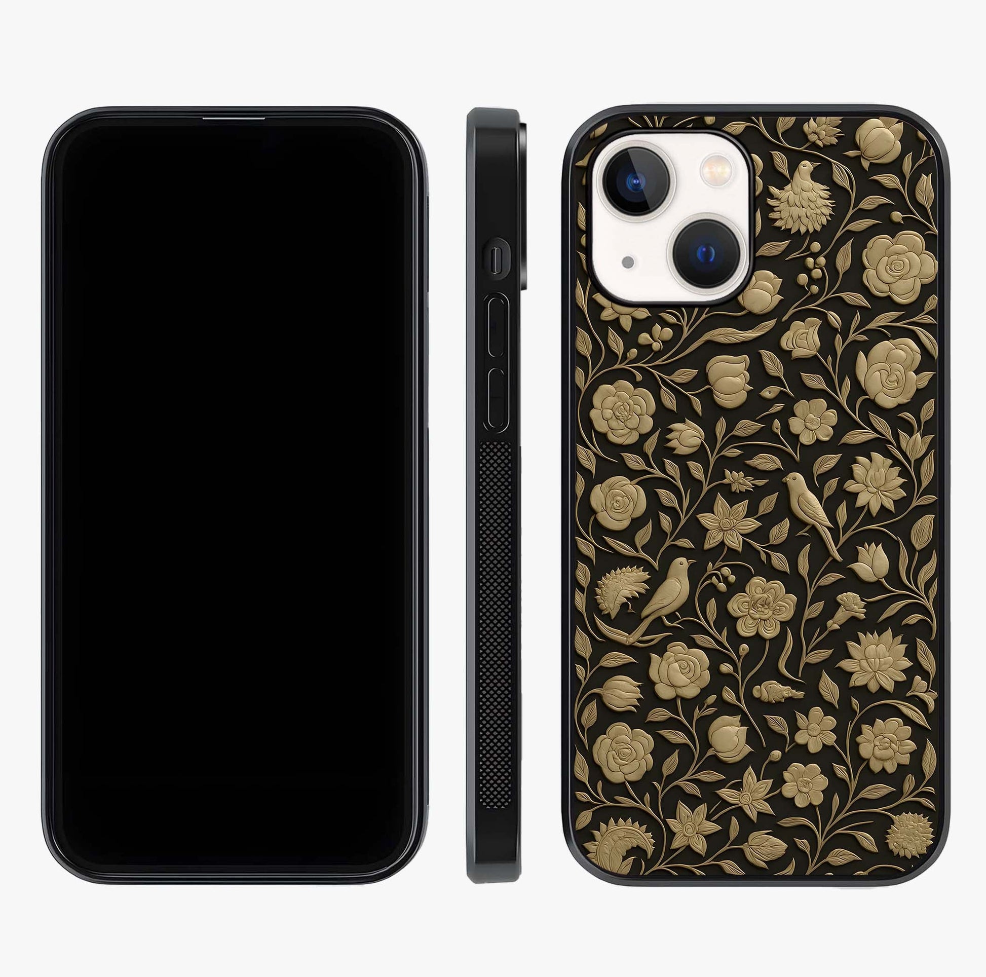Golden Floral Majesty Glass Case displayed upright for full design visibility and premium finish.