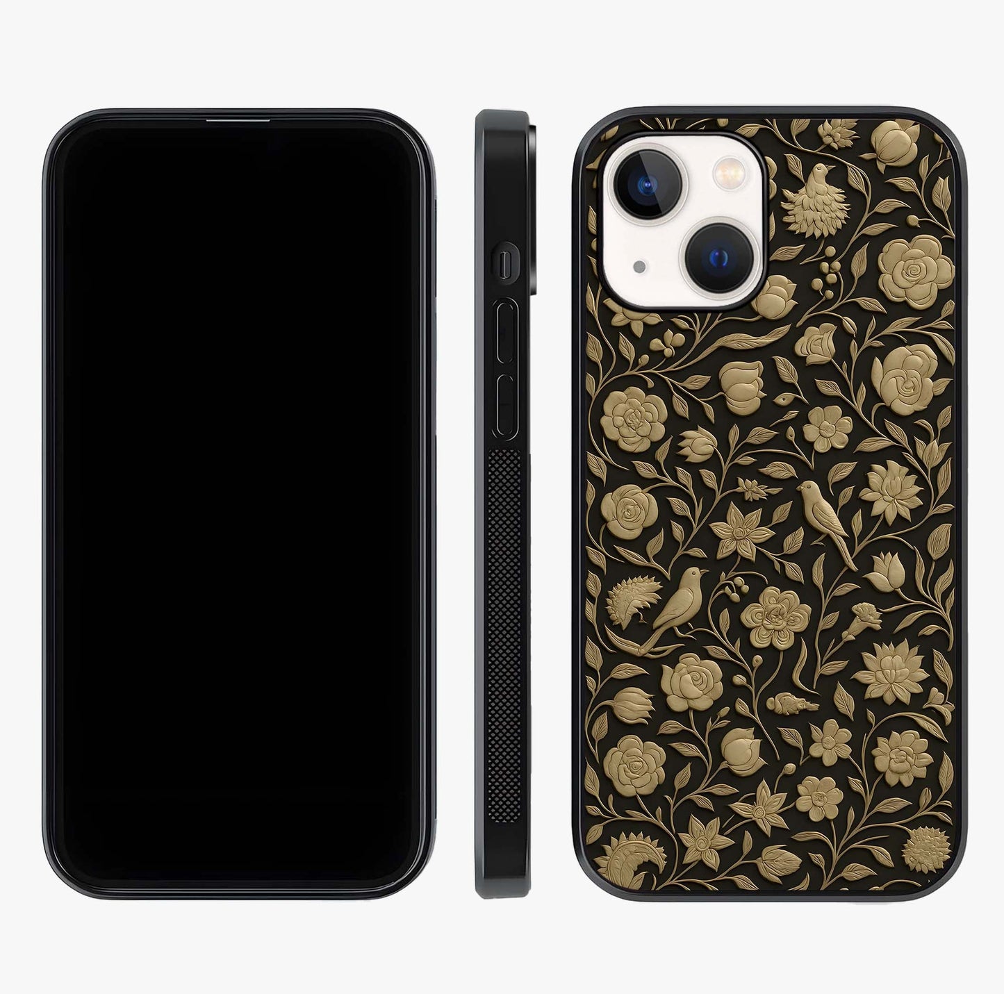 Golden Floral Majesty Glass Case displayed upright for full design visibility and premium finish.
