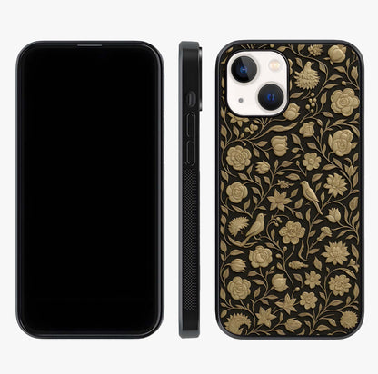 Golden Floral Majesty Glass Case displayed upright for full design visibility and premium finish.