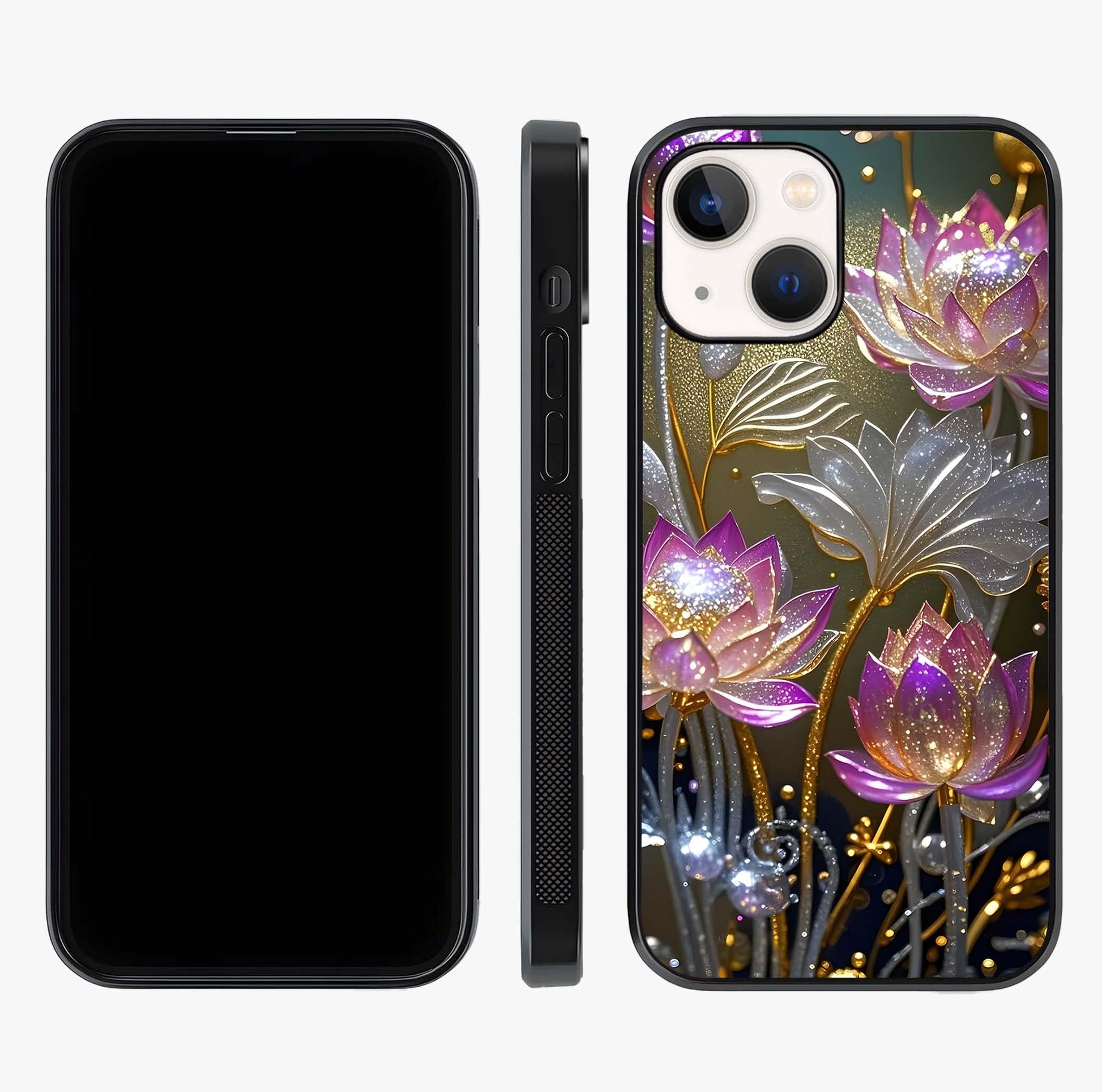 Golden Lotus Glow Glass Case displayed upright for full design visibility and premium finish.