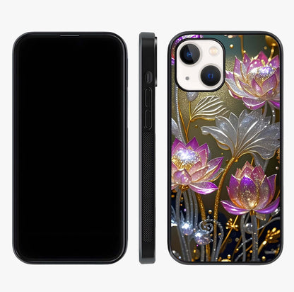 Golden Lotus Glow Glass Case displayed upright for full design visibility and premium finish.