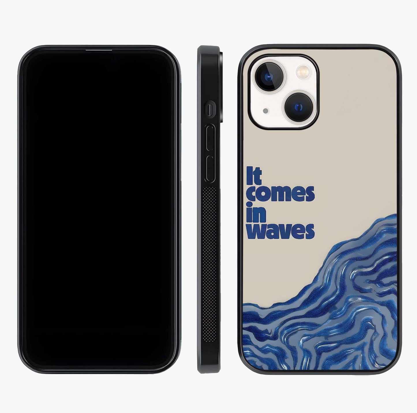 It Comes In Waves Quote Glass Case displayed upright for full design visibility and premium finish.