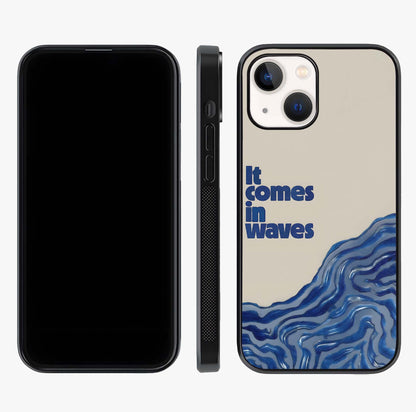 It Comes In Waves Quote Glass Case displayed upright for full design visibility and premium finish.