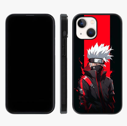 Kakashi Scarlet Shadow Glass Case displayed upright for full design visibility and premium finish.