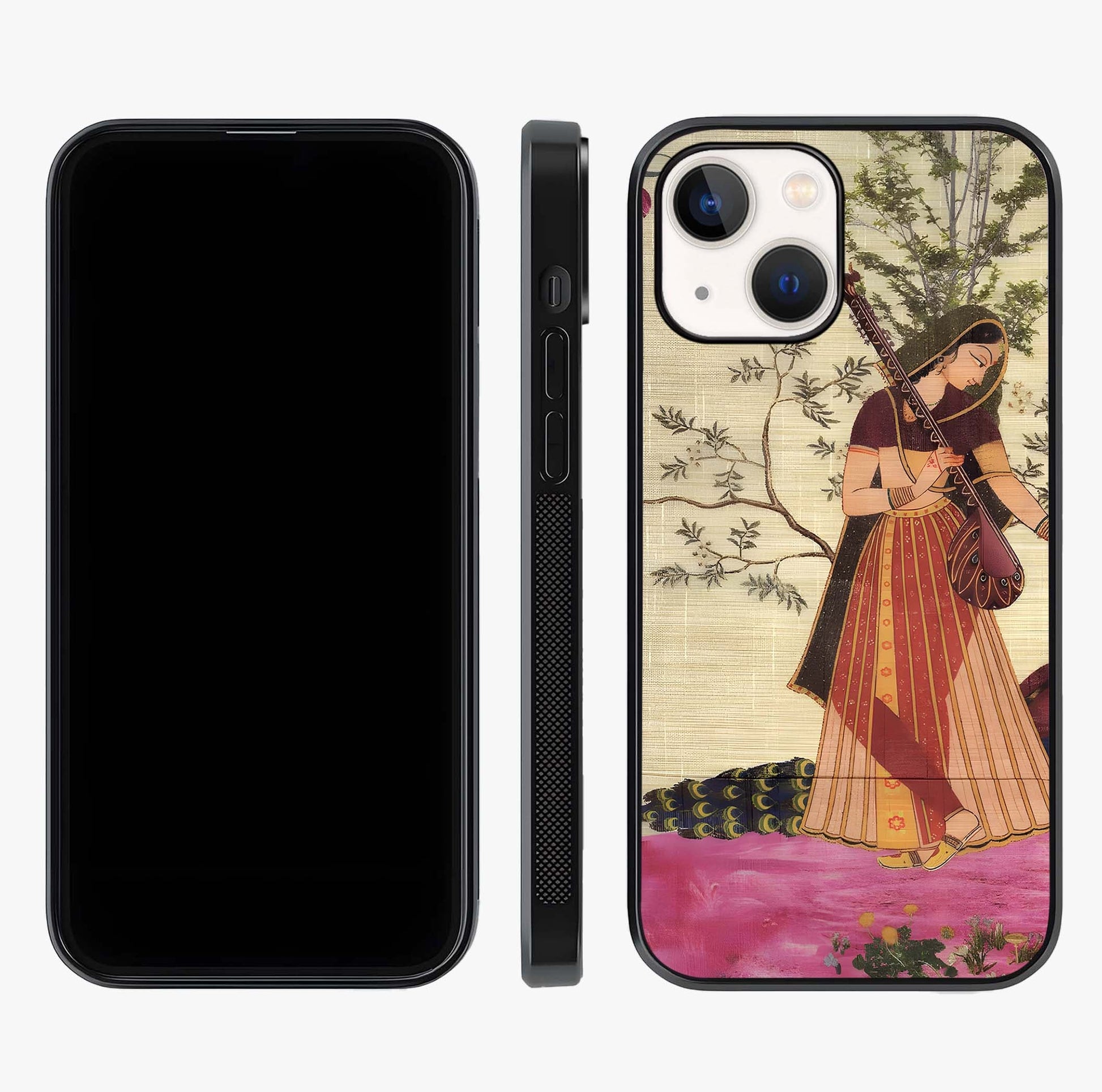 Lady With Veena Art Glass Case displayed upright for full design visibility and premium finish.