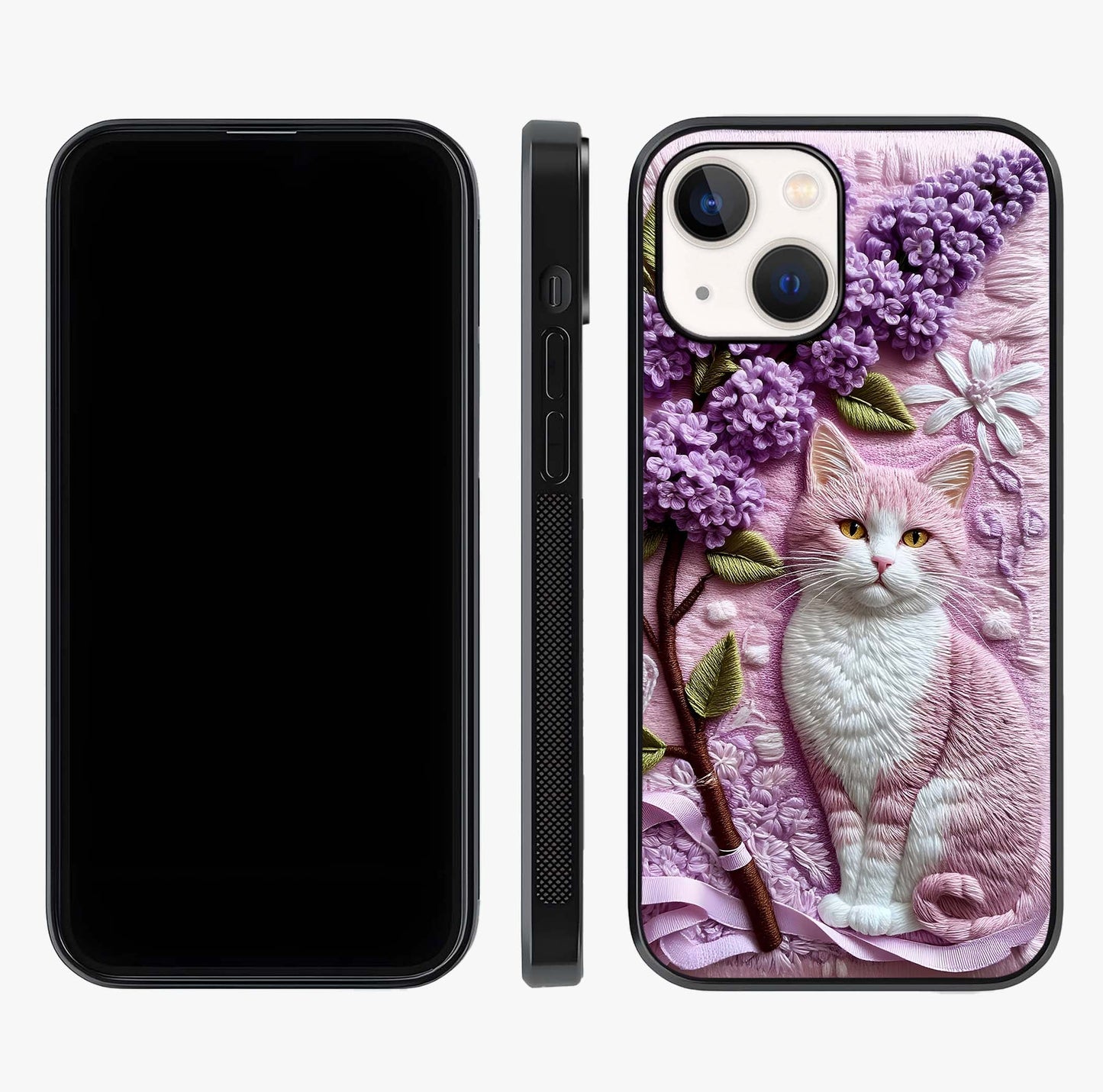 Lavender Cat Whimsy Glass Case displayed upright for full design visibility and premium finish.