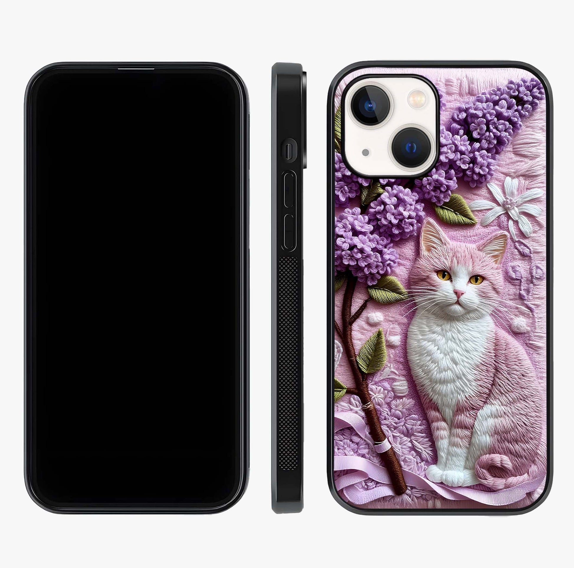 Lavender Cat Whimsy Glass Case displayed upright for full design visibility and premium finish.