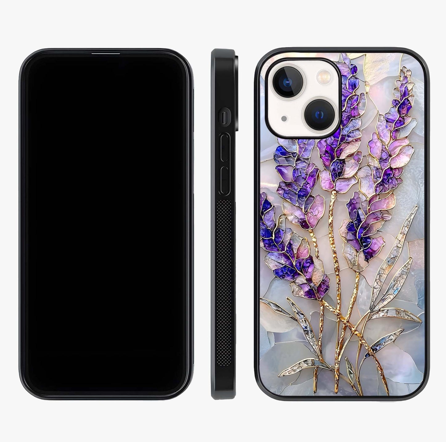 Lavender Dream Glow Glass Case displayed upright for full design visibility and premium finish.