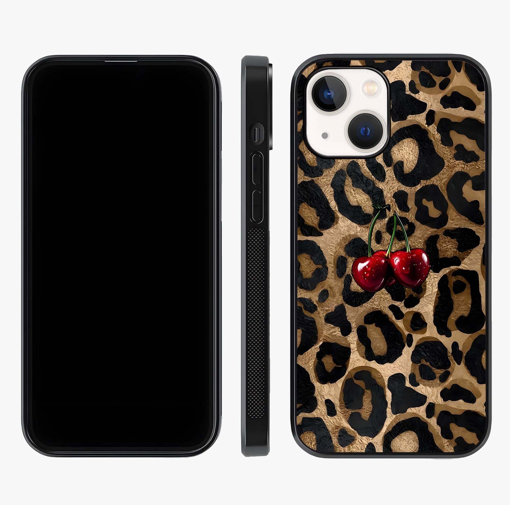 Leopard Wild Cherry Glass Case displayed upright for full design visibility and premium finish.