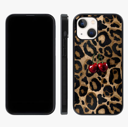 Leopard Wild Cherry Glass Case displayed upright for full design visibility and premium finish.