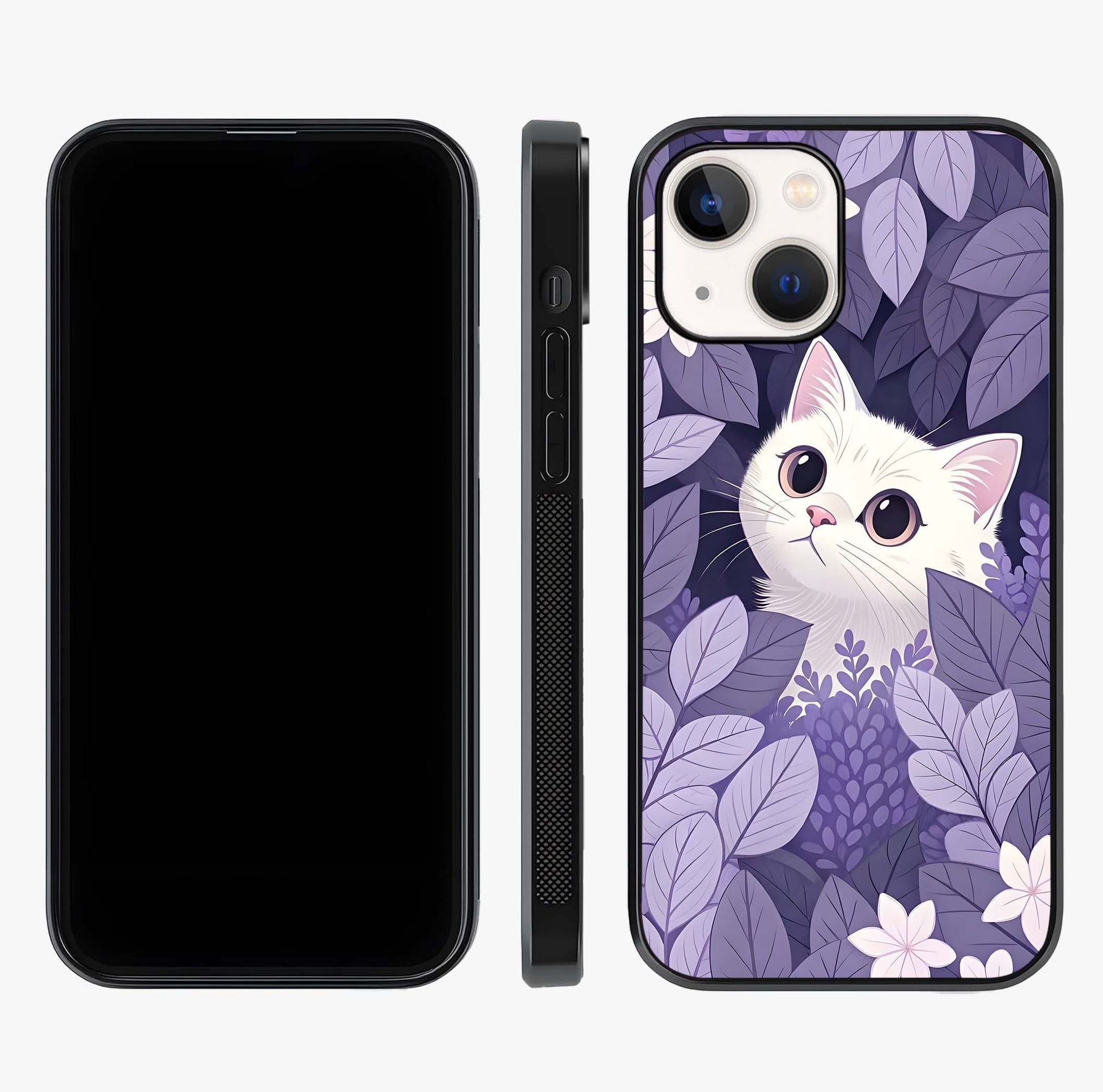 Lilac Hide Peek Cat Glass Case displayed upright for full design visibility and premium finish.