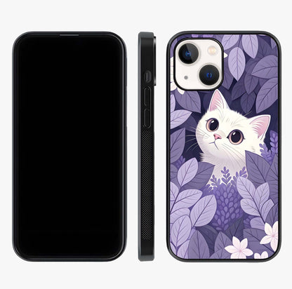 Lilac Hide Peek Cat Glass Case displayed upright for full design visibility and premium finish.