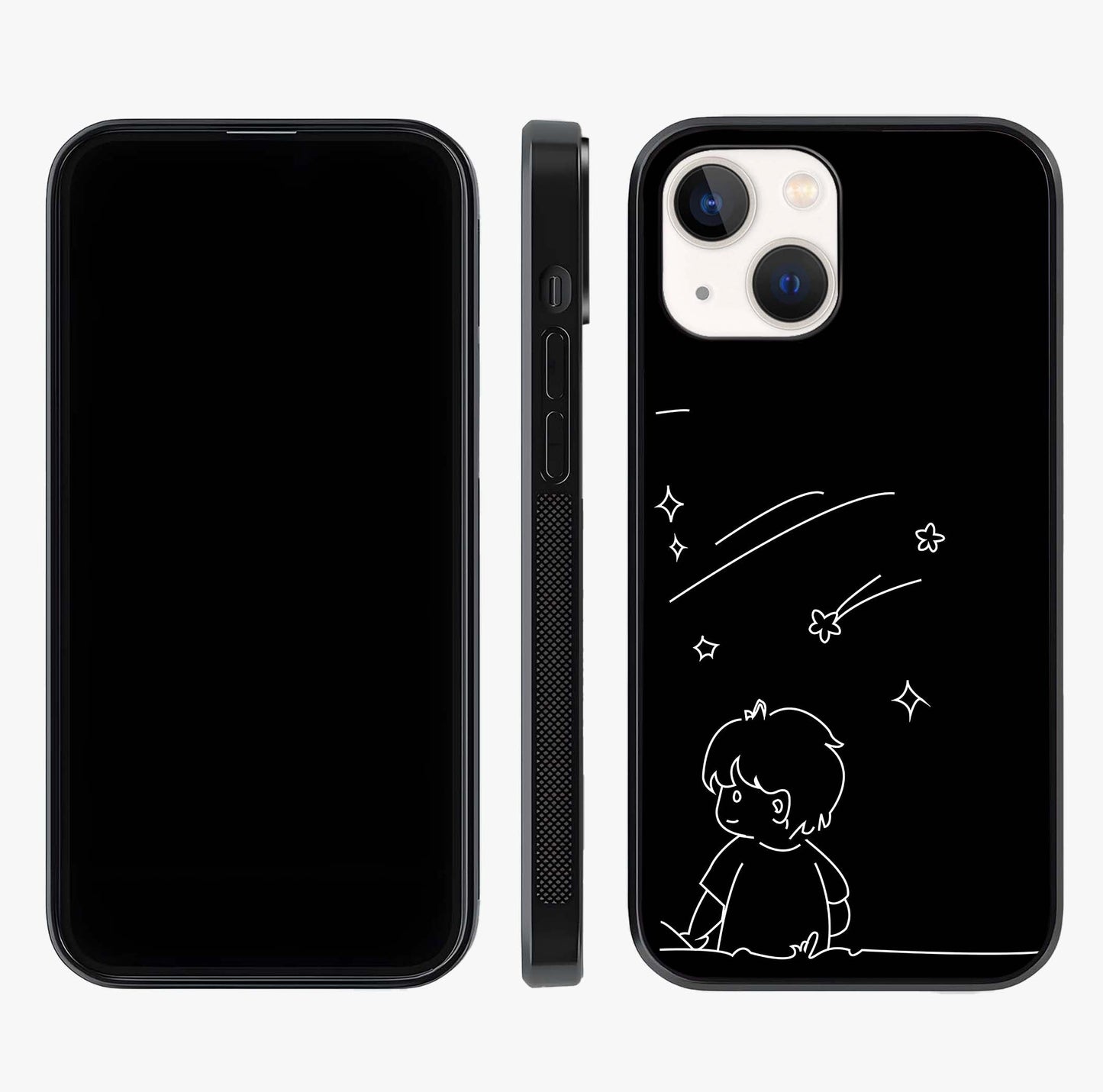 Line Art Boy With Shooting Stars Glass Case displayed upright for full design visibility and premium finish.