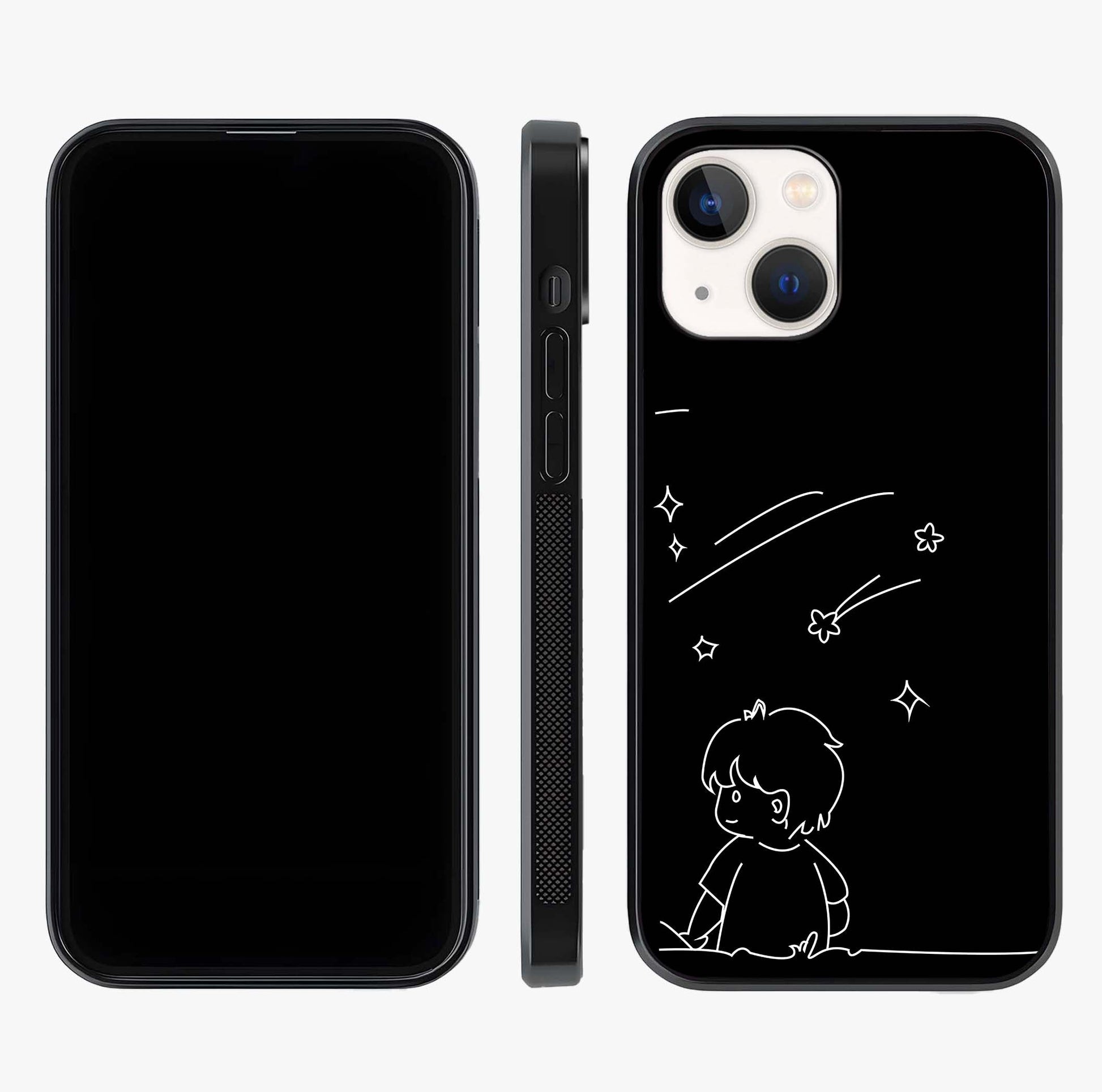 Line Art Boy With Shooting Stars Glass Case displayed upright for full design visibility and premium finish.