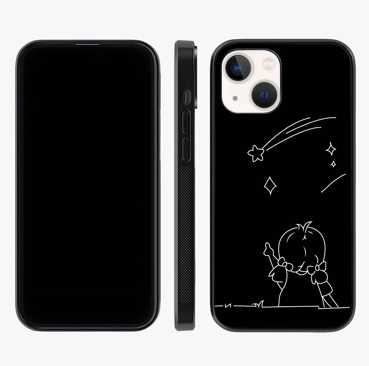 Line Art Girl With Shooting Stars Glass Case displayed upright for full design visibility and premium finish.