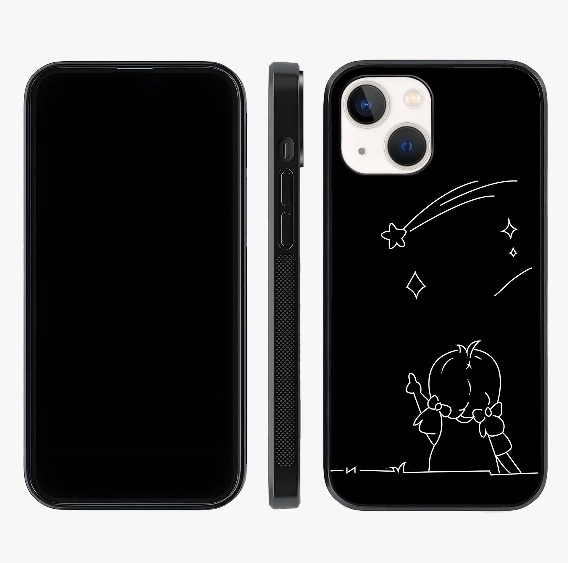 Line Art Girl With Shooting Stars Glass Case displayed upright for full design visibility and premium finish.