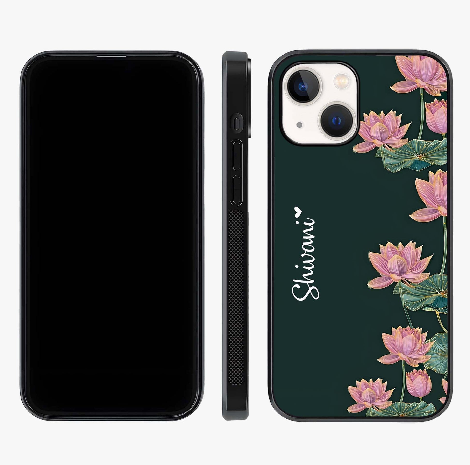 Lotus Bloom Serenity Custom Name Glass Case displayed upright for full design visibility and premium finish.