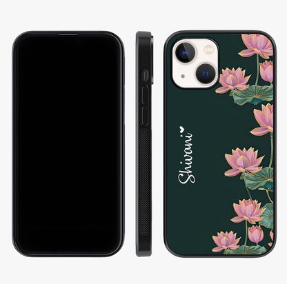 Lotus Bloom Serenity Custom Name Glass Case displayed upright for full design visibility and premium finish.