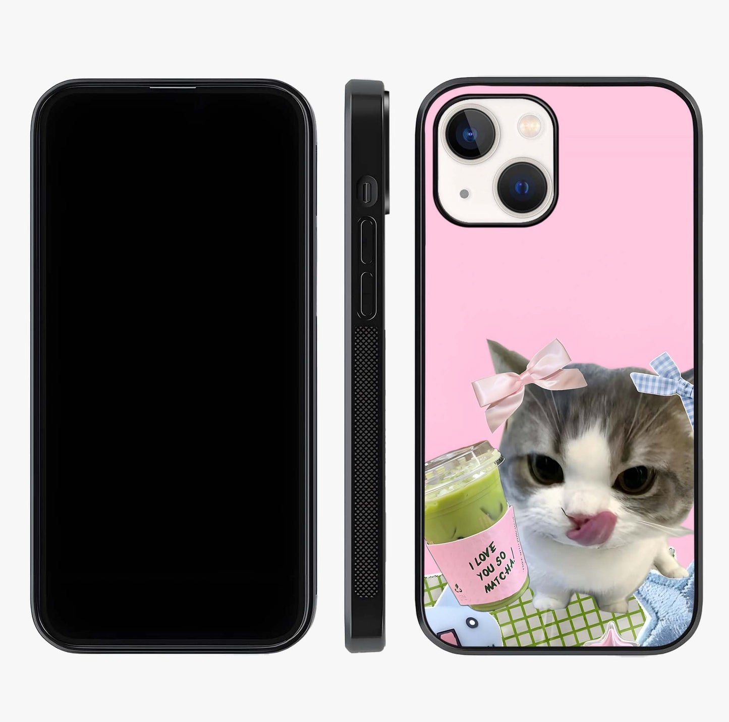 Love Matcha Cat Glass Case displayed upright for full design visibility and premium finish.