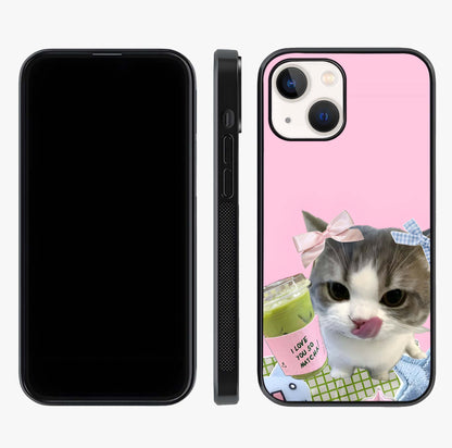 Love Matcha Cat Glass Case displayed upright for full design visibility and premium finish.